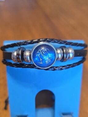 Capricorn Sea Goat Blue Glass Charm Leather Bracelet - Blue & Black